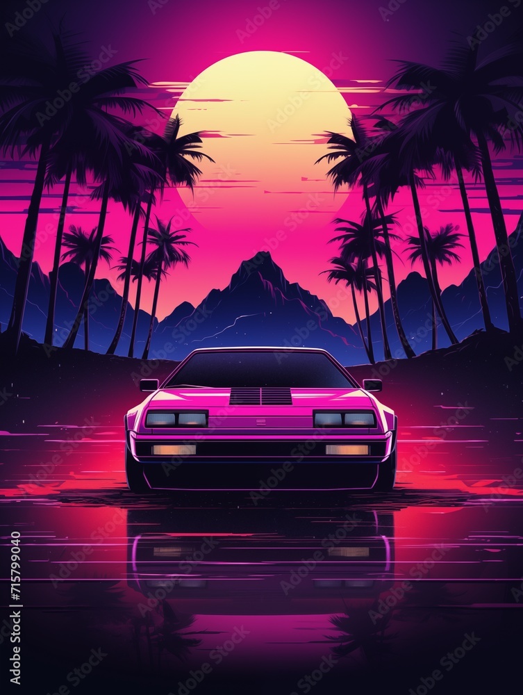 Pink Horizon Drive, Synthwave Sunset with Palm Trees. Generative AI