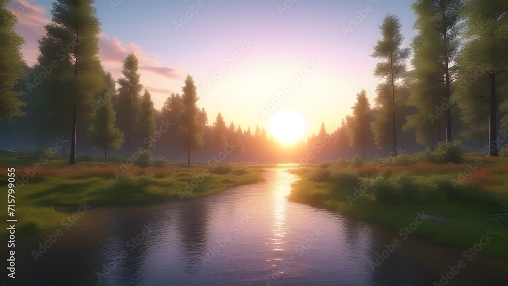 a river in a forest with the sun setting behind it