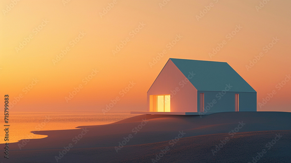 Solitary beach house in a misty environment with ocean and sky Solitary beach house in a misty environment with ocean and sky