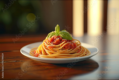 Delicious paghetti pasta with tomato sauce and basil on a plate, isolated on a wooden table, in daylight photo