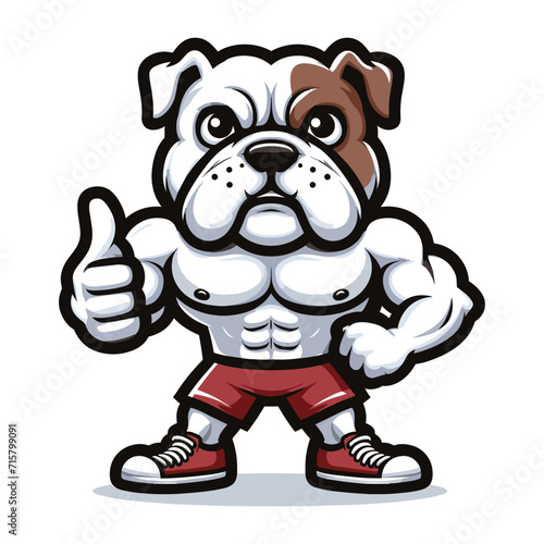 Strong athletic body muscle bulldog giving thumbs up mascot design vector illustration, logo template isolated on white background