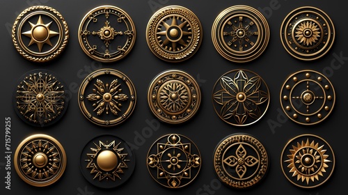Vector set of golden buttons on a dark background. Vector illustration. photo