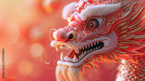 Chinese New Year seasonal social media background design with blank space for text. Closeup dancing dragon head in vivid color on blurred red background. © Kanlayarawit