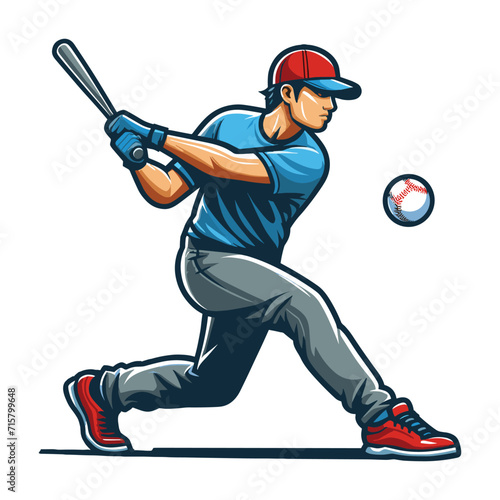 Baseball softball player in action vector illustration, hitter swinging with bat design template isolated on white background
