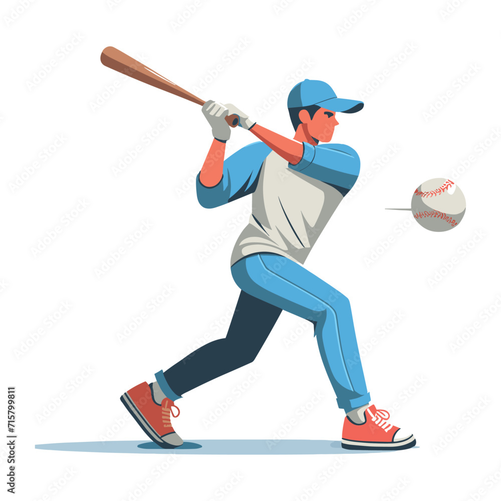 Fototapeta premium Baseball softball player in action vector illustration, hitter swinging with bat design template isolated on white background
