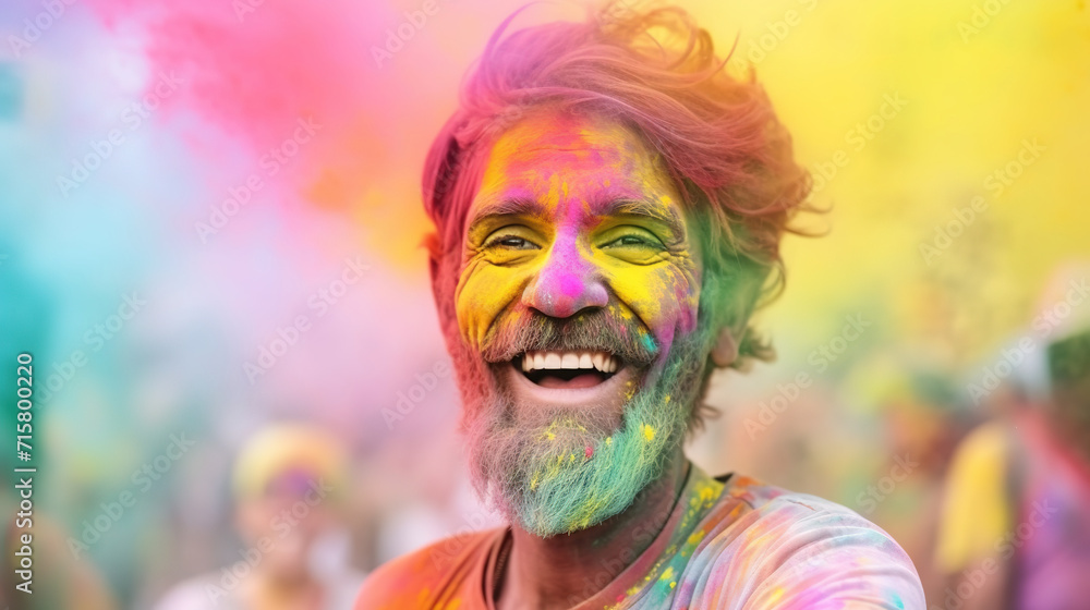 cheerful elderly bearded man reveling in holi festivities, splattered with rainbow powders, outdoor jubilation, festival, powder face, colorful powder in air. cheerful elderly bearded man reveling in holi festivities, splattered with rainbow powders, outdoor jubilation, festival, powder face, colorful powder in air.