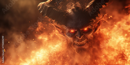 Scary devil head with eyes glowing in hellfire