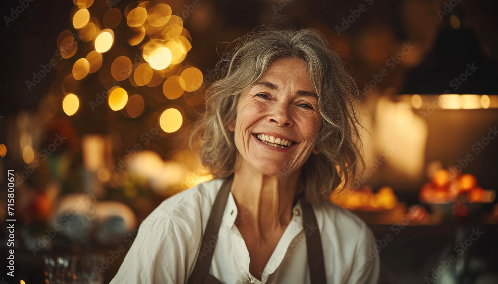 Obraz premium Radiant Senior Woman Enjoying Time in Kitchen. Elderly woman laughing, surrounded by warm kitchen ambiance.