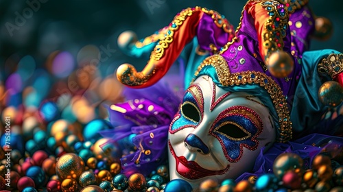 Close up view of a colorful jester mask on a bed of festival beads, ai generative