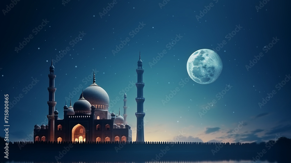 Eid Mubarak Celebration: Festive Background with the Silhouette of a Mosque Against the Night Sky, Adorned with Stars and a Majestic Moon, Evoking a Serene and Spiritual Atmosphere