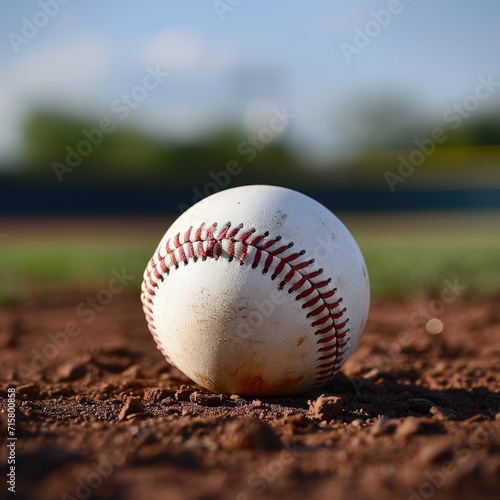 Closeup of a white baseball with red seams resting on the ground in a baseball field
