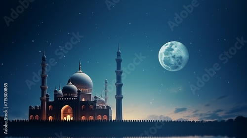 Eid Mubarak Celebration: Festive Background with the Silhouette of a Mosque Against the Night Sky, Adorned with Stars and a Majestic Moon, Evoking a Serene and Spiritual Atmosphere © NadinMich