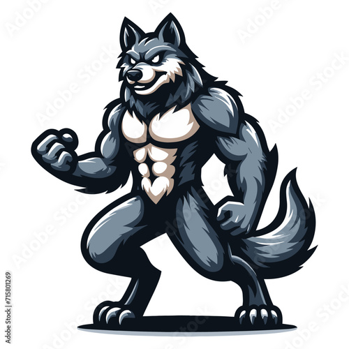 Strong body muscle wild beast wolf fox dog mascot design vector illustration, logo template isolated on white background