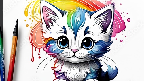 Anti stress coloring book kitten. Stylized cute cat (young kitten). Freehand sketch for adult and children