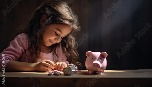 A child girl with a pink piggy bank photo