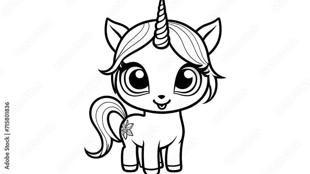 Cute cartoon unicorn on a rainbow. Fantastic animal. Black and white, linear, image. For the design of coloring books, prints, posters, stickers, tattoos, etc.