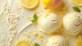 Top view of ice cream scoop with lemon flavor with lemon slice and a big copy space with a yellow surface, Generative AI.