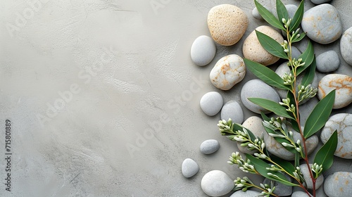 Top view of grey stones, zen, flowers, palm fronds, and a stone background with a spa theme, Generative AI. photo