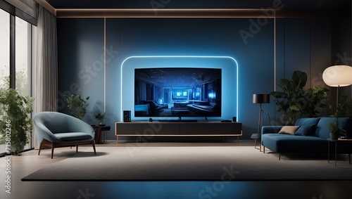 Modern smart home design with monitor screen and blue neon lights photo