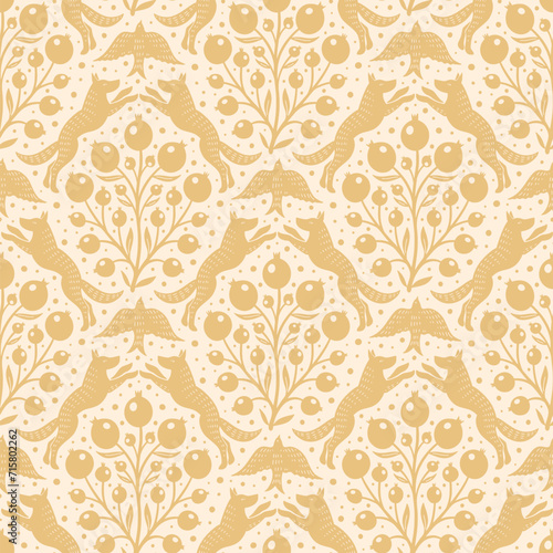 Hand drawn woodland animals seamless pattern Decorative cute dog wolf bird berries seamless pattern