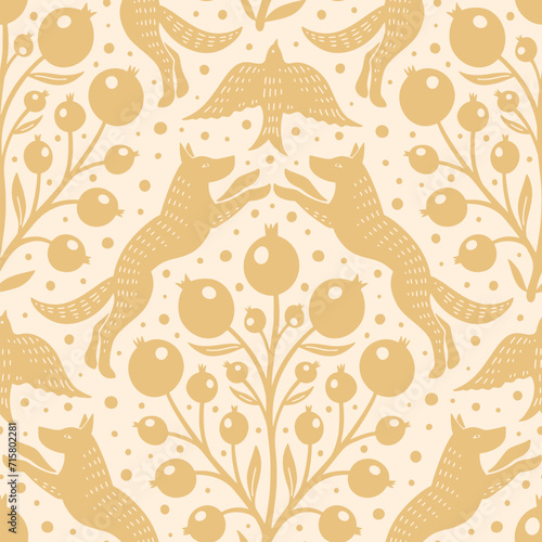 Hand drawn woodland animals seamless pattern Decorative cute dog wolf bird berries seamless pattern