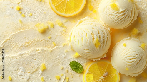 Top view of ice cream scoop with lemon flavor with lemon slice and a big copy space with a yellow surface, Generative AI.