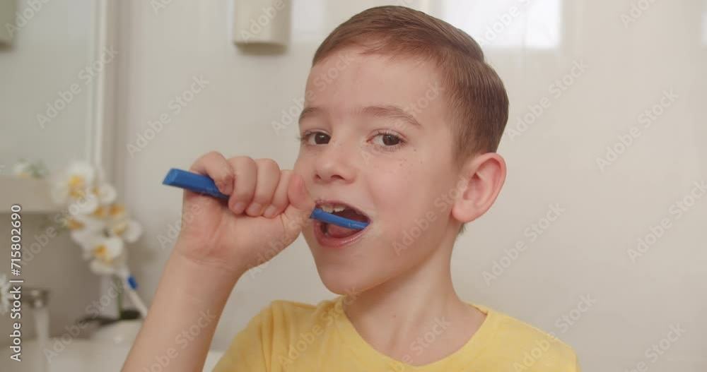 Portrait happy cute young little boy brushing teeth in bathroom and smiling. Children daily healthcare routine. Caucasian kid with white tooth looking at mirror isolated at home. Lifestyle. 4K Portrait happy cute young little boy brushing teeth in bathroom and smiling. Children daily healthcare routine. Caucasian kid with white tooth looking at mirror isolated at home. Lifestyle. 4K