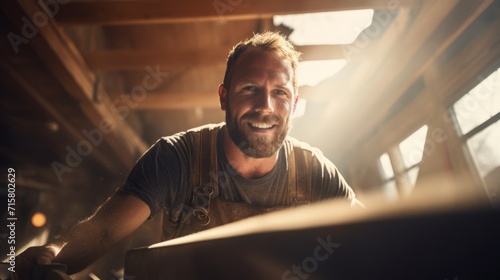 Portrait of a carpenter working with wood in a workshop. Happy smiling caucasian man employee in the carpentry factory. Strong man busy in an industrial workshop on a sunny summer day. .