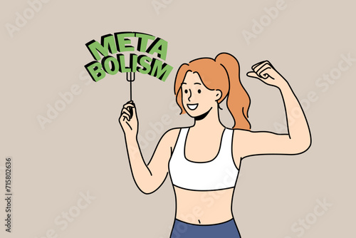 Slender woman with inscription metabolism is proud of own figure obtained through diet and fitness classes. Good metabolism allows girls to consume lot of calories and not gain weight
