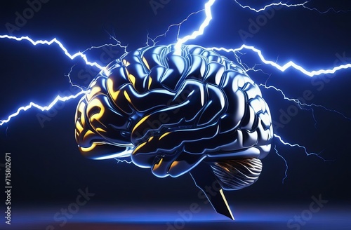 A Brain caught in the storm giving off lightning- Brain Storming. Brainstorm creative idea concept. Brainstorming symbol lightning bolt from sky shaped as human brain