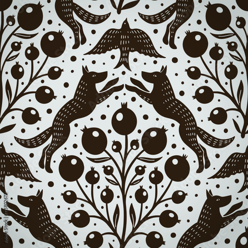 Hand drawn woodland animals seamless pattern Decorative cute dog wolf bird berries seamless pattern