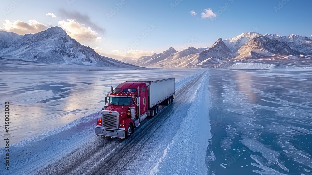 An Ice Road Trucker Navigating a Large Rig Over a Frozen Lake ...