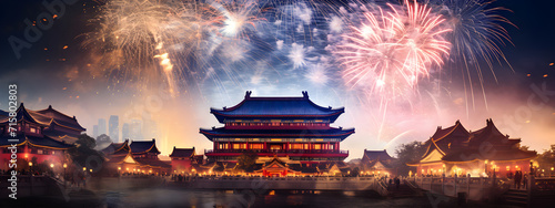 Holiday firework over a temple. Chinese New Year holiday celebration. Chinatown city panorama at night with colorful exploding fireworks photo