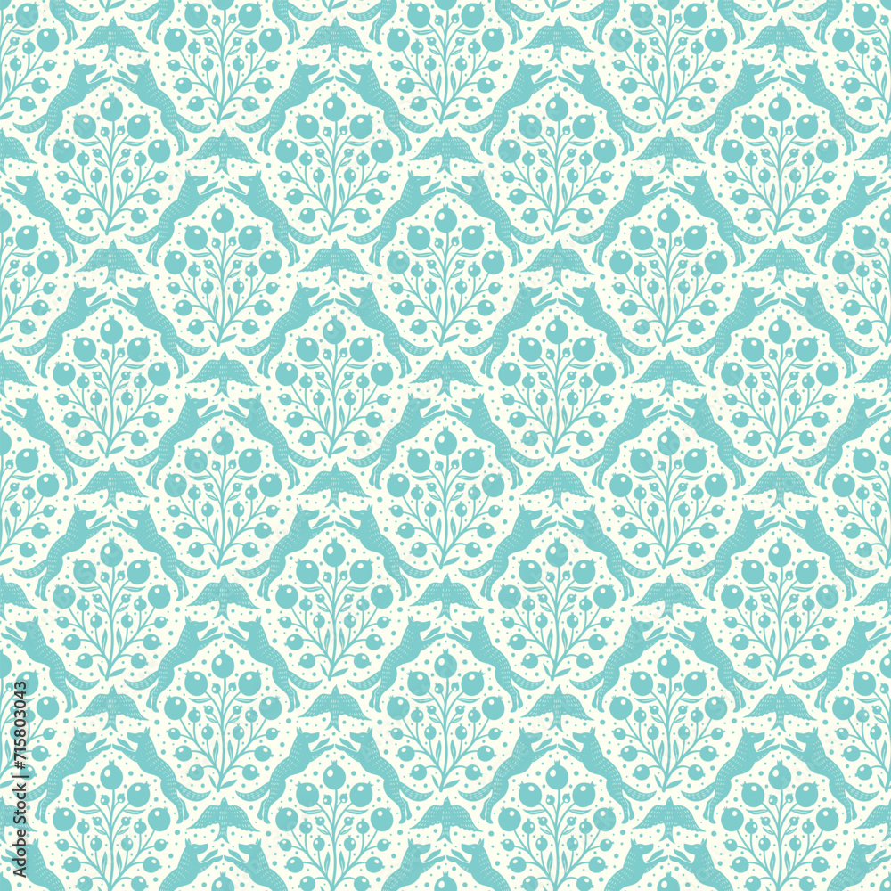 Hand drawn woodland animals seamless pattern Decorative cute dog wolf bird berries seamless pattern Hand drawn woodland animals seamless pattern Decorative cute dog wolf bird berries seamless pattern