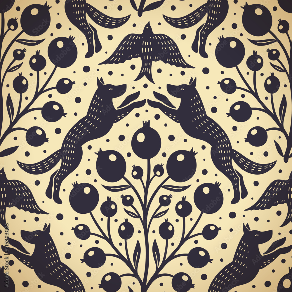 Hand drawn woodland animals seamless pattern Decorative cute dog wolf bird berries seamless pattern Hand drawn woodland animals seamless pattern Decorative cute dog wolf bird berries seamless pattern