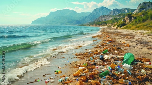 Beach full of trash  waste on a beach  Trash in the ocean