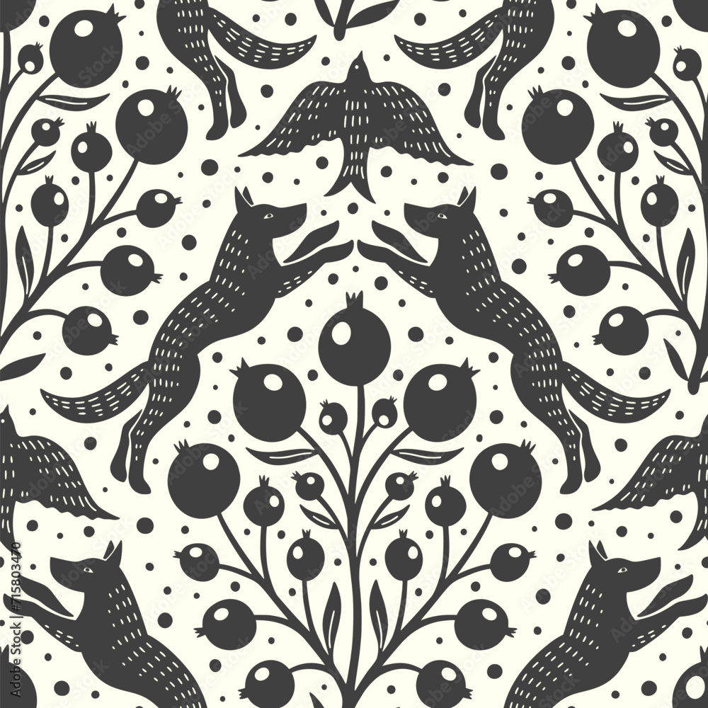 Fototapeta premium Hand drawn woodland animals seamless pattern Decorative cute dog wolf bird berries seamless pattern