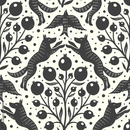 Hand drawn woodland animals seamless pattern Decorative cute dog wolf bird berries seamless pattern