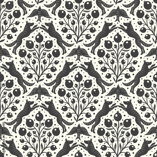 Hand drawn woodland animals seamless pattern Decorative cute dog wolf bird berries seamless pattern