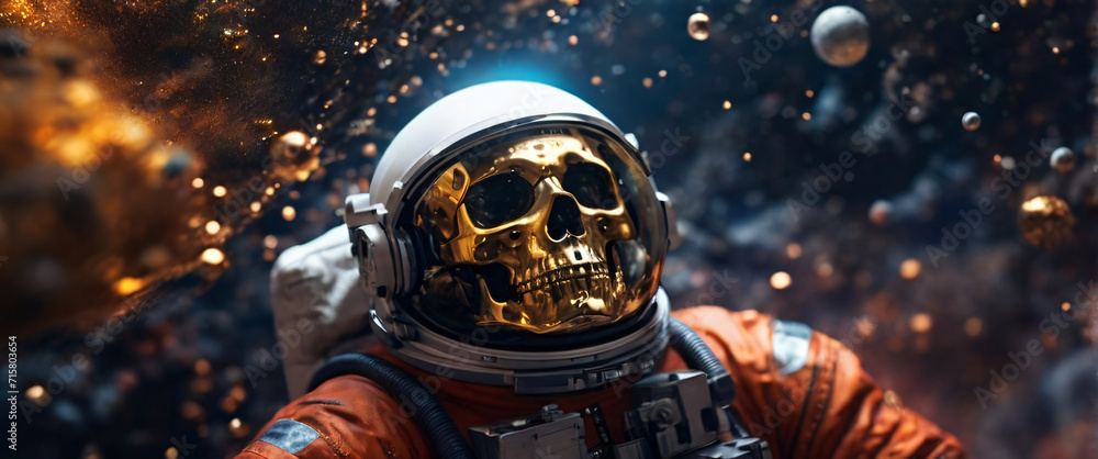 An astronaut turned into a skull floats in the abyss of space, surrounded by a cosmic ocean of galaxies and nebulae that form unique constellations. The bubbles surrounding him contain fragments