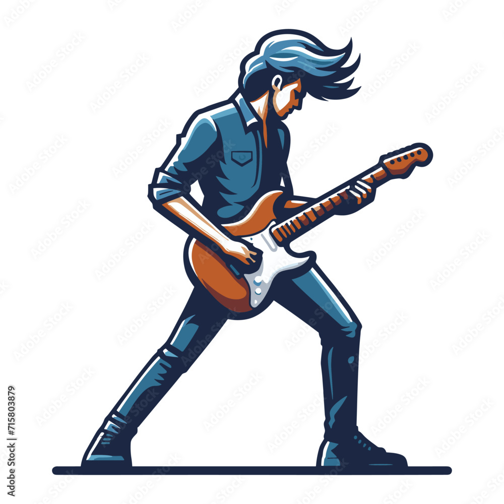Musician playing electric guitar, rockstar guitarist design vector illustration, guitar-playing isolated on white background Musician playing electric guitar, rockstar guitarist design vector illustration, guitar-playing isolated on white background