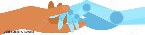 Close-up of a human hand and a robot hand touching, symbolizing the collaboration and partnership between humans and robots in technology. The concept of hand-in-hand technology.