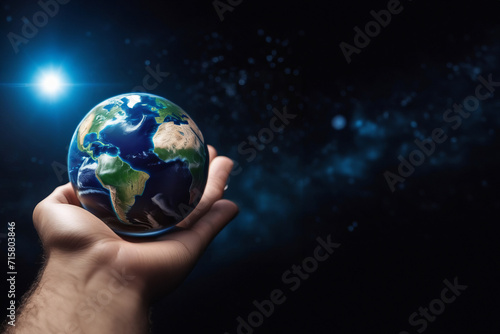 earth in hands. green planet on hand. save of earth. environment concept for background web or world guardian organization. Earth in space. Blue planet for wallpaper. Green planet or Globe on galaxy