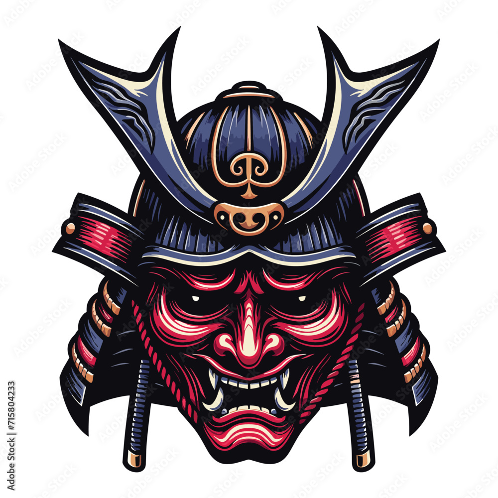 Demon Oni mask with samurai helmet design vector illustration. Traditional Japanese culture. Tattoo print. illustration for t-shirt print, fabric and other uses. Isolated on white background Demon Oni mask with samurai helmet design vector illustration. Traditional Japanese culture. Tattoo print. illustration for t-shirt print, fabric and other uses. Isolated on white background