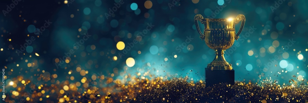 A golden and silver shiny chrome championship cup or winner's trophy adorned with celebratory confetti and ribbon decorations. - obrazy, fototapety, plakaty 