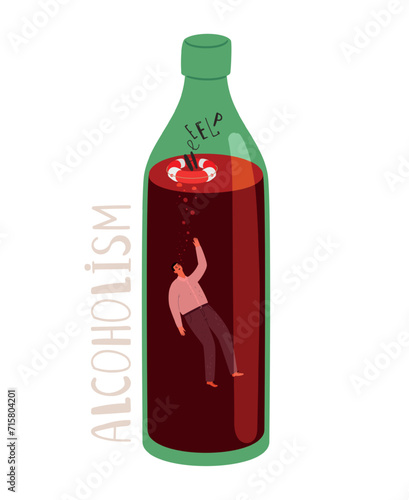 Alcoholic drowns in a bottle and asks for help in getting rid of alcohol addiction. Lifebuoy on the surface of an alcoholic drink