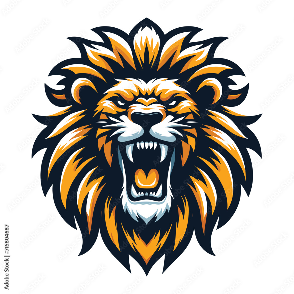 Obraz premium Lion Head Roaring Logo mascot vector illustration, emblem design isolated on white background