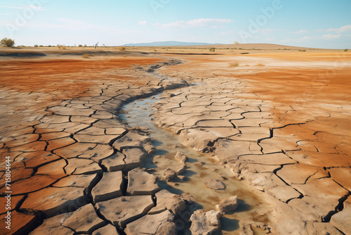 A narrow stream meanders through the contrasting cracked desert soil, illustrating nature's adaptability in harsh conditions. 