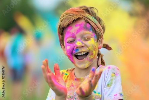happy child at holi festival  colors of joy   vibrant celebration  youth activities  blurred colorful powder air background.