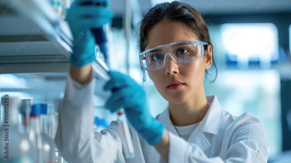 Focused Female Scientist Conducting Experiments in Laboratory Focused Female Scientist Conducting Experiments in Laboratory